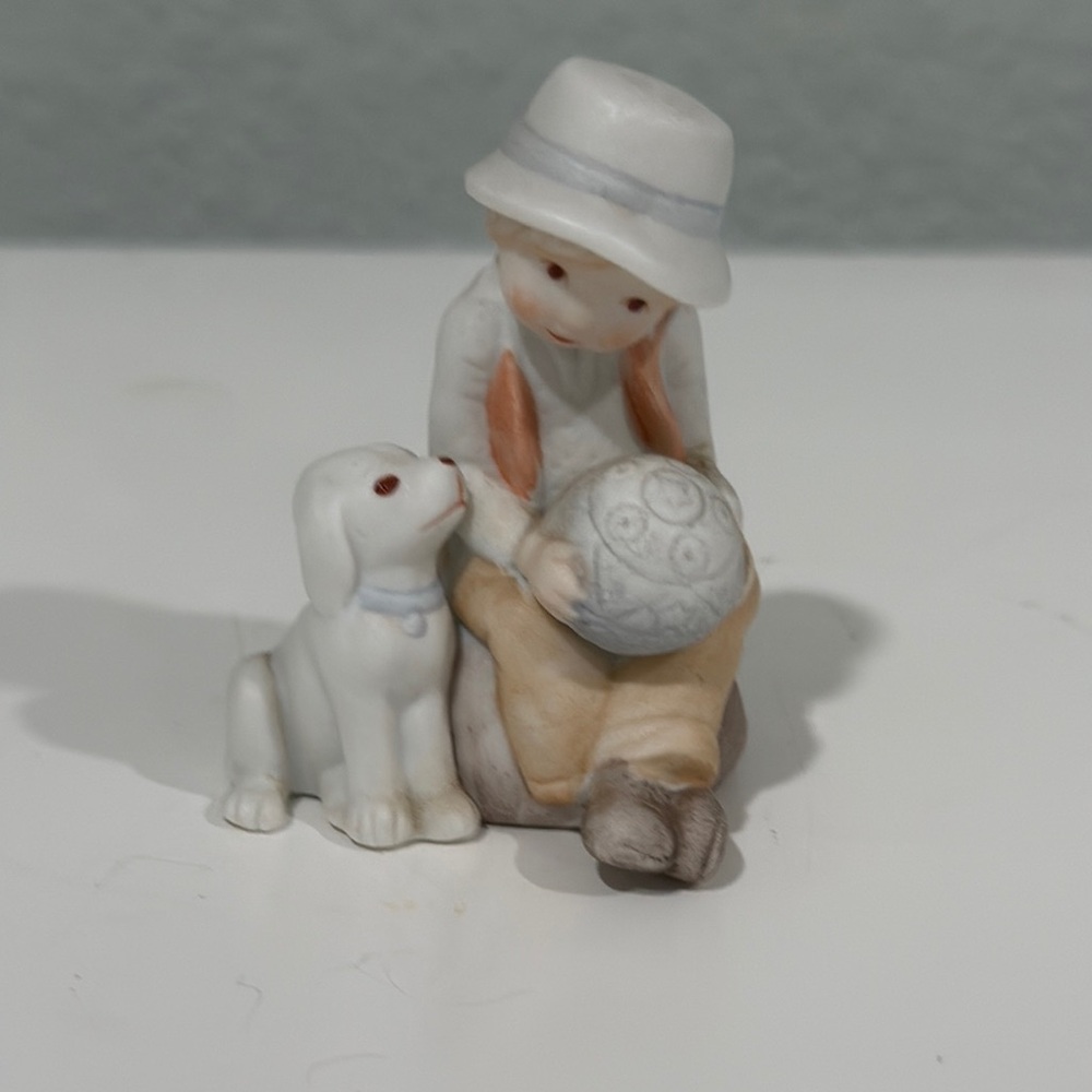 Vintage Holly Hobby Porcelain Boy with Dog and Ball Figurine - White